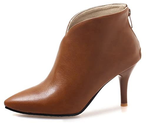 Viéctaa Bottines Femme Hiver Talon Haut Aiguille Sexy Bout Pointu Zip Low Boots Chaussures Soirée Camel Marron 36