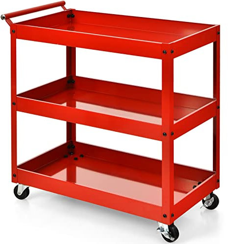 TANGZON 2/3-Tier Rolling Tool Cart, Utility Service Cart with Towel Rack Handle & Wheels, Heavy-duty Steel Mobile Tool Storage Garage Trolley Shelves (3 Tier, 76x38x78cm, Red)