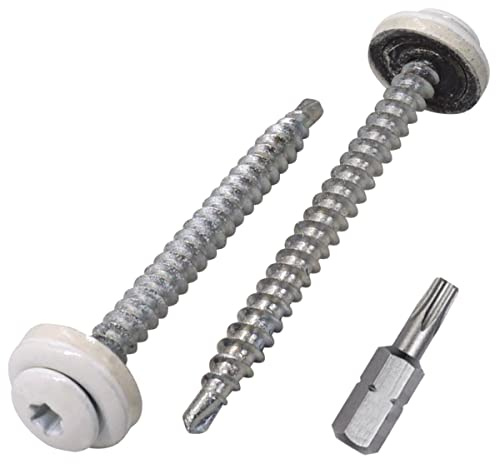 SKIR'CO (40 st) takskruvar, 4,8 x 60 mm målade självborrande skruvar med EPDM-brickor, torxhuvud (ren vit RAL 9010)