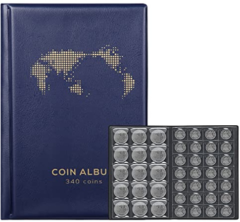 Coin Album for Collectors,340 Pockets Coin Collection Book Holder Display Storage Case,Collecting Sleeves Organizer Supplies for Coins,Pennies,Quarters,Badges,Stamp,Blue