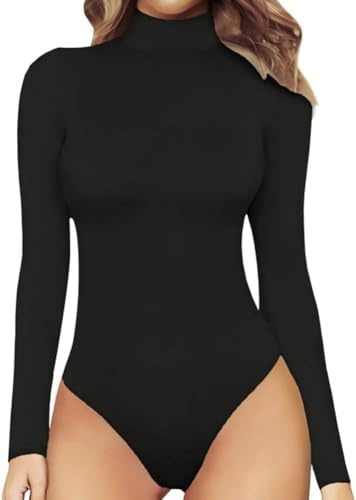 KBRPEY Body Mujer Manga Larga Cuello Alto Bodysuit Sexy Slim Fit Bodies Vestir Elegante Negro Básico Tops Elástico Shapewear Jumpsuit Clubwear
