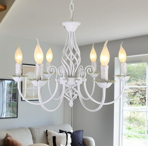 Riohan Lampadario Vintage Country Bianco, Lampade a Sospensione Candela Vintage Lampadario Francese, 6 Luci Plafoniera Classic Pendente Lampada Appesa per Cucina Soggiorno Camera da Letto
