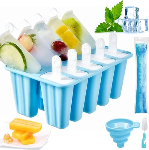 Stampi per Ghiaccioli, Riutilizzabili Stampi Ghiaccioli Silicone, Formine per Ghiaccioli Bambini e Adulti, Stampi Gelato con Spazzola di Pulizia e Imbuto Pieghevole (Blu, 10 Cavità)