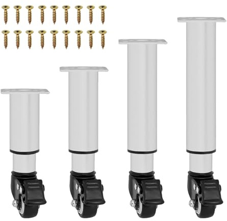 WMYYLX Metal Adjustable Furniture Legs with Swivel Caster Wheels, 4Pcs Heavy Duty Replacement Furniture Support Legs for Cabinet Sofa Bed Dresser Couch Coffee Table (White, 18.5-26cm)
