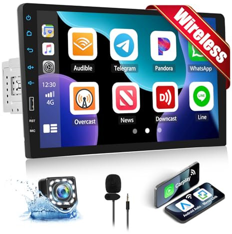 CAMECHO Autoradio 1 Din mit Wireless Carplay Android Auto 9 Zoll Bildschirm Bluetooth Radio Touch Display mit Rückfahrkamera Mirror Link FM SWC USB Lenkradsteuerung