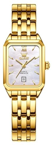 OLEVS Damenuhr Gold Edelstahl Kleines Handgelenk Rechteckig Wählscheibe Armbanduhr Damen Klassisches Luxus Weiß mit Datumsanzeige Uhr Wasserdicht Freizeit Einfachheit Damen Uhren