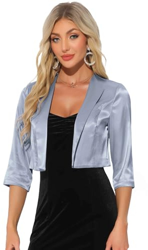 Allegra K Blazer Court en Satin Femme Devant Ouvert Manches 3/4 Veste Haussement d'Épaules Boléro Élégant Formel Gris XL