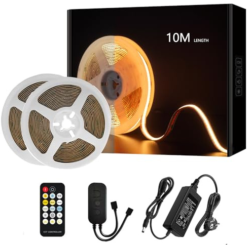 JBdusn CCT COB LED-remsa 10m, 576 LEDs/m dimbar 2700-6500K Cob LED Strip-ljus med fjärrkontroll och adapter, flexibel kapbar dubbelt vitt ljus LED Strip Light COB LED-band för skåp,sovrum,TV,DIY Dekor