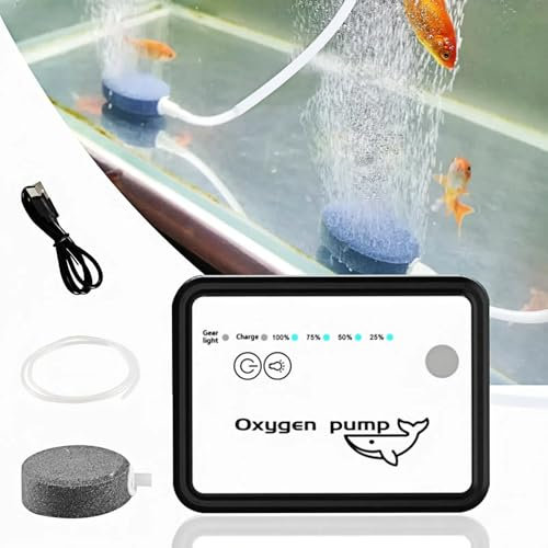 Silkwish Tragbare Sauerstoffpumpe Aquarium mit Luftstein, Schlauch - 3W Leise Aquarium Luftpumpe - USB Wiederaufladbare - Belüfter Pumpe für bis zu 120L Fischbecken - Ideal für Angeln im Freien
