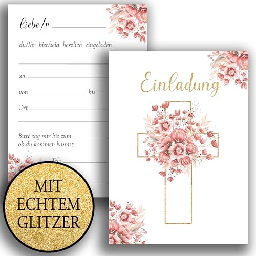 Lot de 10 cartes d'invitation avec enveloppe - À paillettes - Double face - Élégantes - Croix aquarelle - Pour baptême, communion, confirmation, roses et blanches - Pour fille - À personnaliser