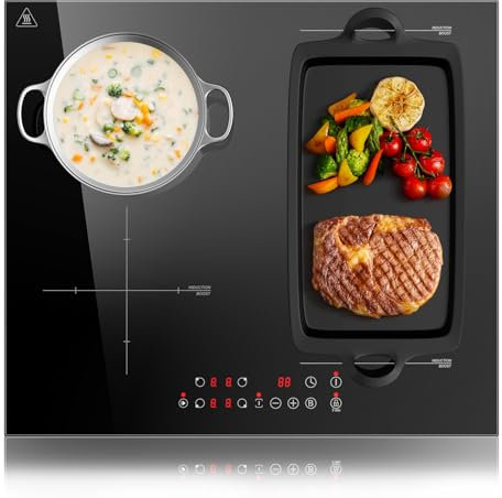 KICHPOWER Plaque Induction 4 Feux, 1 Zone Flexible, Plaque Induction 60cm Encastrable, Plaque de Cuisson électrique, Boost Fonction, Commande Tactile, 6000W, 9 Niveaux de puissance, Minuterie 1-99 Min