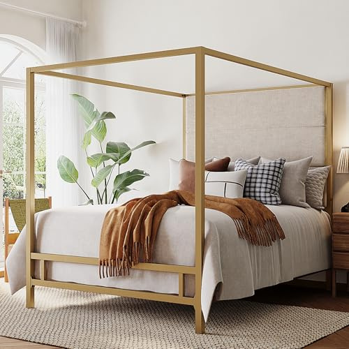 Merax King Size Gold Metal Canopy Bed Frame, Modern Upholstered Linen Headboard with Tall Back Support, 800 lbs Weight Capacity, Luxurious 4-Poster Bedroom Furniture for Modern Home, Gold+Tan