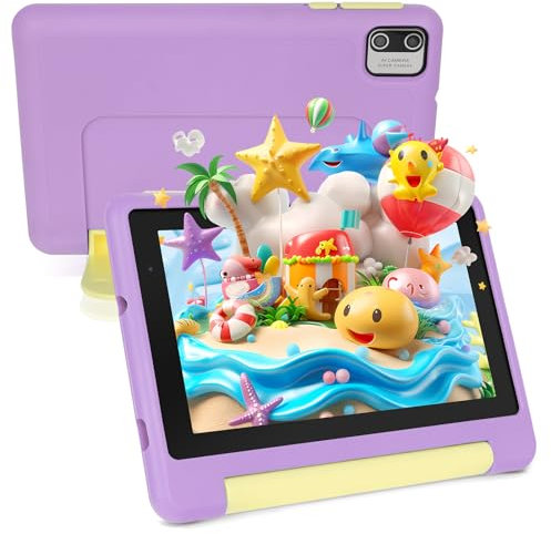 Hakaug Kids Tablet, 7 inch Tablet for Kids 3-7 Ages 8GB RAM +64GB ROM, Android 13, Parental Controls, Wi-Fi, Bluetooth, Type-C, Impact Resistant Case - Purple
