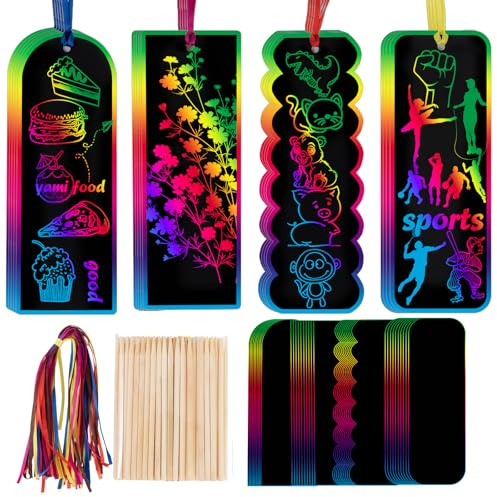 48Set 4 Styles Scratch Art with Bookmark Papers Wooden Stylus＆Satin Ribbons