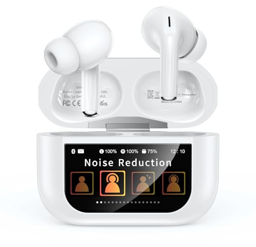 Szwdo Bluetooth Earbuds,Wireless Earphones with Smart Touchscreen Case,ENC Noise Cancelling Mic,Big Bass Stereo Sound,48 Hours Playtime,Lightweight in-Ear Earphone,IPX7, AI for iPhone,Android,White