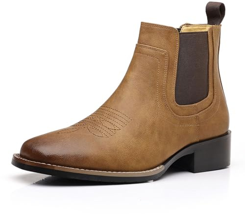 Botas Cowboy Hombre Western de Cuero PU Botines Chelsea Slip-On Punta Redonda Bordadas Retro Clásicas Estilo Ranch Cómodas Duraderas Moda Casual Trabajo,Marrón,44 EU