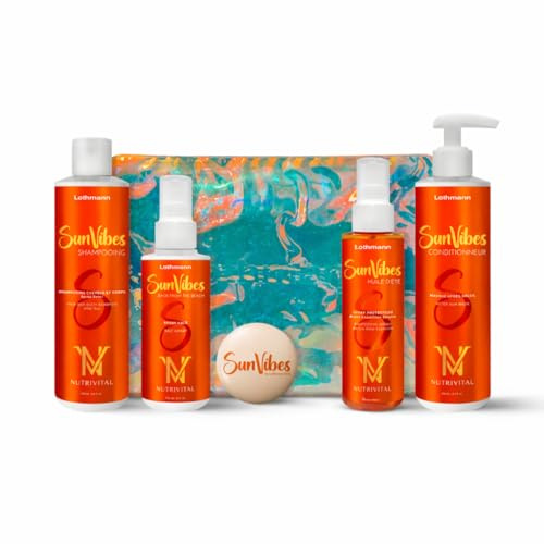 Lothmann Paris Coffret Trousse Routine Solaire SunVibes, Shampooing Cheveux et Corps, Spray Salé, Spray Protecteur, Masque Après Soleil