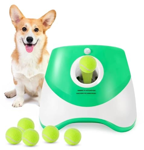 Lanzador de pelotas de perro, lanzador automático de pelotas de tenis interactivo, incluye 6 pelotas de tenis, distancia de lanzamiento de 10 a 30 pies, mini máquina de lanzamiento de pelotas para