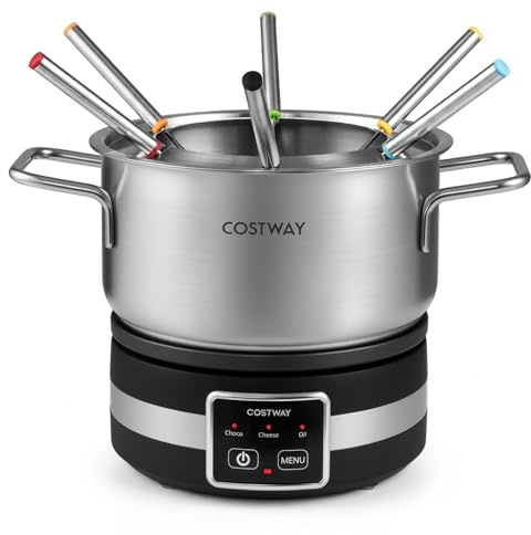 COSTWAY 1200 W Fondue Eléctrica, 2,3 L, Fondue Queso con Recipiente Extraíble de Acero Inoxidable, 6 Tenedores Codificados, Termostato Integrado y Líneas de Escala para Chocolate Caldo Queso