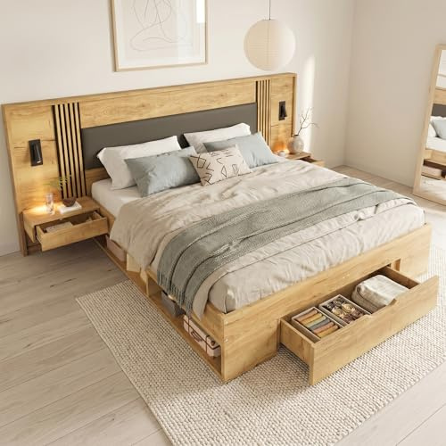 Zepneiy Lit 180×200 cm avec sommier et 2 liseuses,Lit Coffre avec 2 chevets et tiroir,Lit Double en Bois Massif avec sommier à Lattes,Naturelle (Matelas Non Inclus)