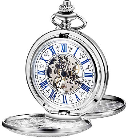 TREEWETO Taschenuhr mit Kette Herren Analog Handaufzug Doppelscharnier Antik Skelett Römische Ziffern Silber