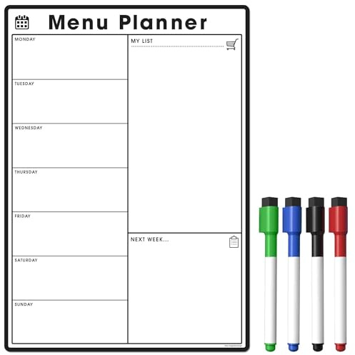 TMS A4 Weekly Meal Planner for Fridge | Magnetic Whiteboard Calendar and Shopping List | Use for Food Prep and Family Planning | Dry Wipe Memo Board for Kitchen | Made in the UK [30 x 21cm]