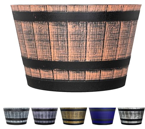 SG Traders Large Half Barrel Cask Planter, Flower Pots Outdoor Garden Planters, Indoor Plant Pot with Drainage Holes, Plastic, Tan with Black Straps, 52 x 31cm