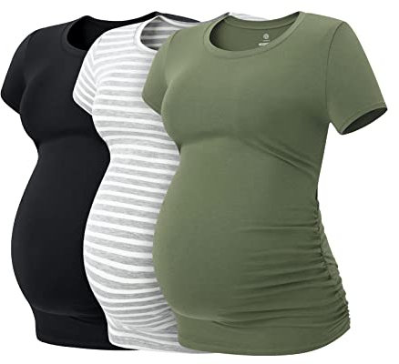 LAPASA Damen 3 er Pack Umstandstop Umstandsmode Umstandskleidung Tops Schwangerschaft Kurzarm Umstands T-Shirt L55, Schwarz, Grau gestreift, Olivgrün, S