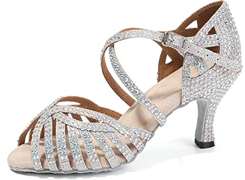 HIPPOSEUS Zapatos de Baile Latino Plata para Mujer con pedrería Brillantes Zapatillas de Baile de Salsa y Bachata Salon Tacón 7.5 cm,Modelo L380,41EU