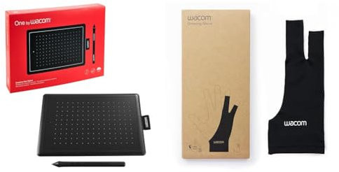 One by Wacom pen tablet with pressure-sensitive pen, compatible with Windows, Mac and Chromebook Small Black / Red & Drawing Glove – Glove for drawing on a graphic display, One Size