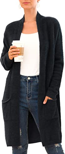 IWOLLENCE Womans Long Boyfriend Cardigan Jumpers Thick Fuzzy Fluffy Knit Sweater Tops for Ladies UK Women's Cardigans (Black, XL)