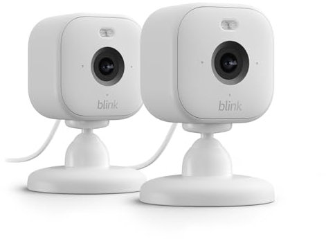 Blink Mini 2 | Caméra de surveillance connectée à prise, vidéo nocturne HD en couleur, projecteur intégré, système audio bidirectionnel, détection de mouvements | 2 caméras | Blanc