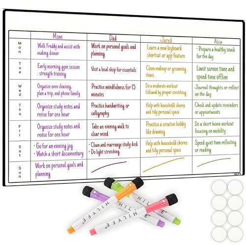 A3 Family Fridge Calendar Whiteboard by HILYFE - Includes 4 Assorted Markers - 4 Person Weekly Planner Board and Chore - Weekly