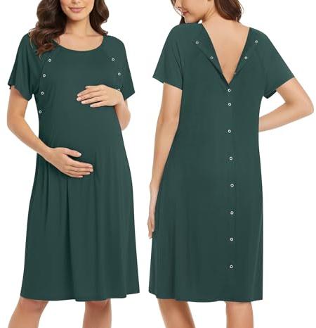Ekouaer Pyjama de maternité à manches courtes pour femme, chemise de nuit d'allaitement et d’accouchement en coton, vert lac, taille L