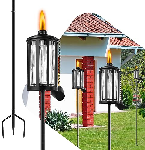 FALBAWR 4 Pack Glass Citronella Torches, 16 oz Garden Torches for Outside with 3-Prong Grounded Stake, 55 inch Outdoor Clear Glass Flame Light Torch for Yard, Patio, Deck, Garden, Party, Landscape