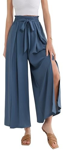 GRACE KARIN Pantalon Palazzo Fluide Fendu Décontracté pour Femmes avec Poches, Jambe Large, Cheville, Gris Bleu L