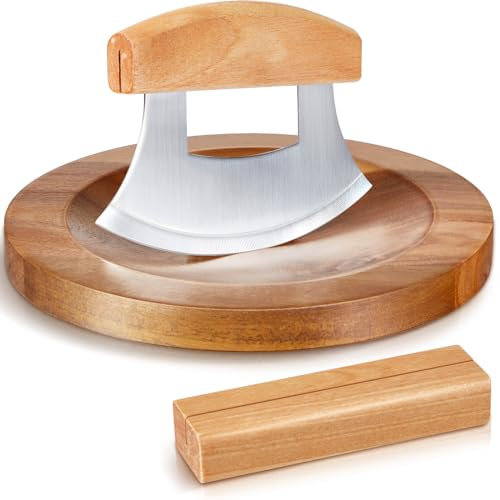 Sunnychicc 2 pezzi Mezzaluna Ulu coltello e tagliere set Rocker Chopper Affettatrice Cutter con supporto Mezzaluna Chopper Mezzaluna Chopper Alaskan Ulu Kit di coltelli per cipolla Strumento per