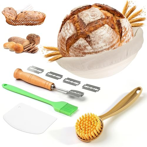 FJNATINH GäRköRbchen Für Brot 23cm Rund,GäRkorb Zum Brotbacken-Set, 100% Natürlichem Rattan,Beinhaltet Bürste,Bäckermesser,Reinigungspinsel,Schaber Und Leinenbezug,Perfekt Für Familie & Profi-Backen