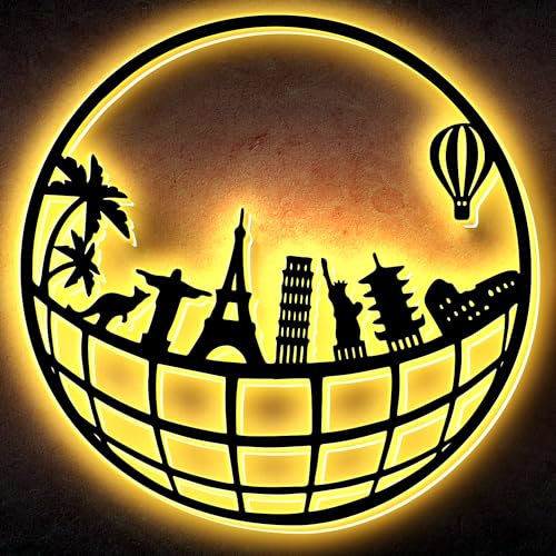 LEON FOLIEN Led Globus Sehenswürdigkeiten Wanddekoration Aus MDF Holz - Deko Schlummerlicht/Nachtlicht perfekt für das Wohnzimmer, Kinderzimmer oder Schlafzimmer - personalisiert