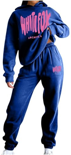 NSICBMNO Blue Tracksuit Womens Full Set Jogging Suits Hoodie Tracksuit Two Piece Outfit Oversized Sweatshirts Jogging Pants With Pockets Lounge Outfits Casual Co Ord Sets Gym Activewear Streetwear