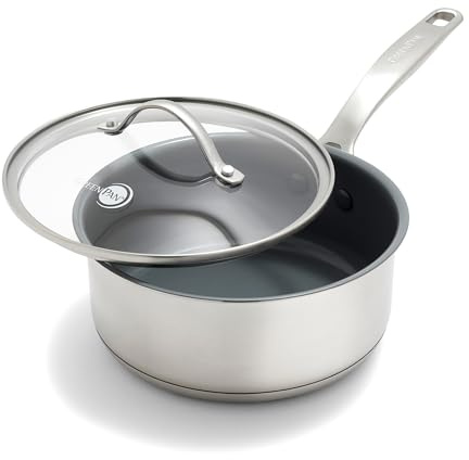 GreenPan Stainless Steel Treviso 2.1QT Saucepan with Lid, Healthy Ceramic Nonstick, PFOA-Free PFAS-Free, Induction, Dishwasher Safe, Oven Safe, Even Heating, Silver