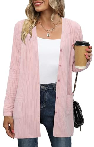 Totatuit Cárdigan Mujer Largo Manga Larga Chaqueta de Punto Mujer con Bolsillo Elegante Cardigan Mujer Casual para Primavera Verano Otoño Rosa L