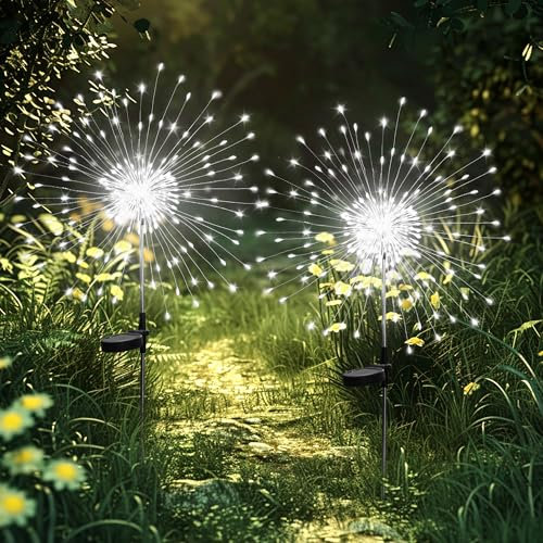 GIGALUMI Luces de fuegos artificiales, 120 LED, paquete de 2, luces de hadas de jardín alimentadas por energía solar para decoración de patio,blanco frío