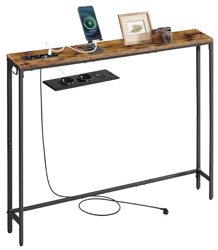 VASAGLE Mesa de Consola con Multienchufe, Extremo de Sofá, 15 x 100 x 80 cm, 1 Gancho, Fácil Montaje, para Entrada, Salón, Marrón Rústico y Negro Tinta LNT079K02