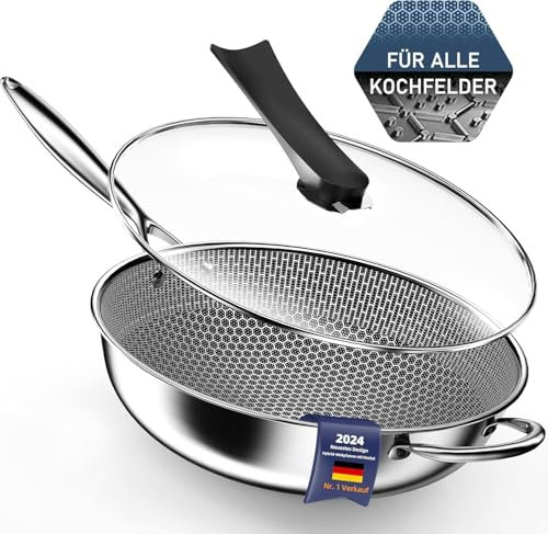 Kiseely Hybrid Wokpfanne mit Deckel 34 cm, Antihaft edelstahl Wokpfanne induktion, Bratpfanne mit Antihaftbeschichtung, Induktionfest pfanne, BPA/PFOA-frei wok (HJ6)