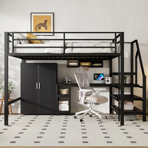 Lcoho Cama alta, 140 x 200 cm, armario, estanterías, escalera, escritorio, sin colchón, negro (negro)
