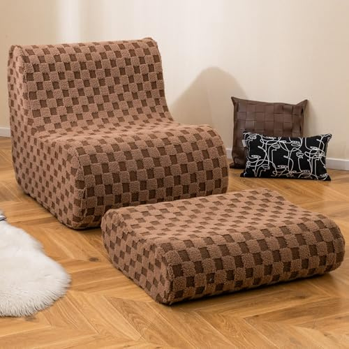 COSTWAY Sittsäck fåtölj med pall, sittsäck vuxna med mycket elastisk svamp och teddysammetsöverdrag, saccosäck stol, golvstol, fåtölj för vardagsrum, sovrum, läsrum (brun)