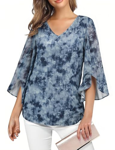 Enmain Camicia Blu Donna Elegante Volant Scollo a V 3/4 Manica Blusa Abbigliamento Donna Curvy Fiori Leggero Casual Estiva Primaverile Top 2XL
