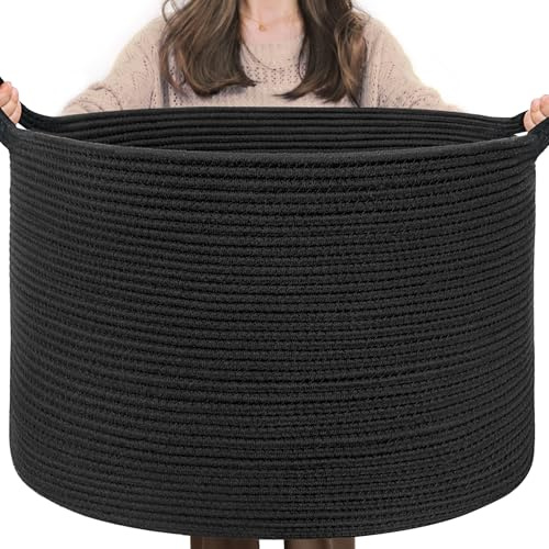 TIMEYARD 85L Large Cotton Rope Blanket Basket Toy Storage Basket Black | 55x35cm Soft Woven Rope Basket for Blankets, Toys and Cushions. Decorative Storage Basket for Home, Bedroom and Living Room