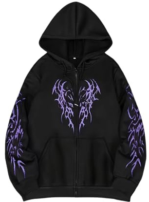 Generisch Sweat à capuche zippé pour homme de style Y2K avec imprimé ailes gothiques - Veste à capuche avec motif tribal sur la poitrine et les manches - Veste streetwear décontractée pour un look